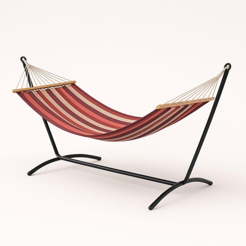 Hengekøye i polyester med stripet mønster og stålstativ, rød/beige-Decohogarvida