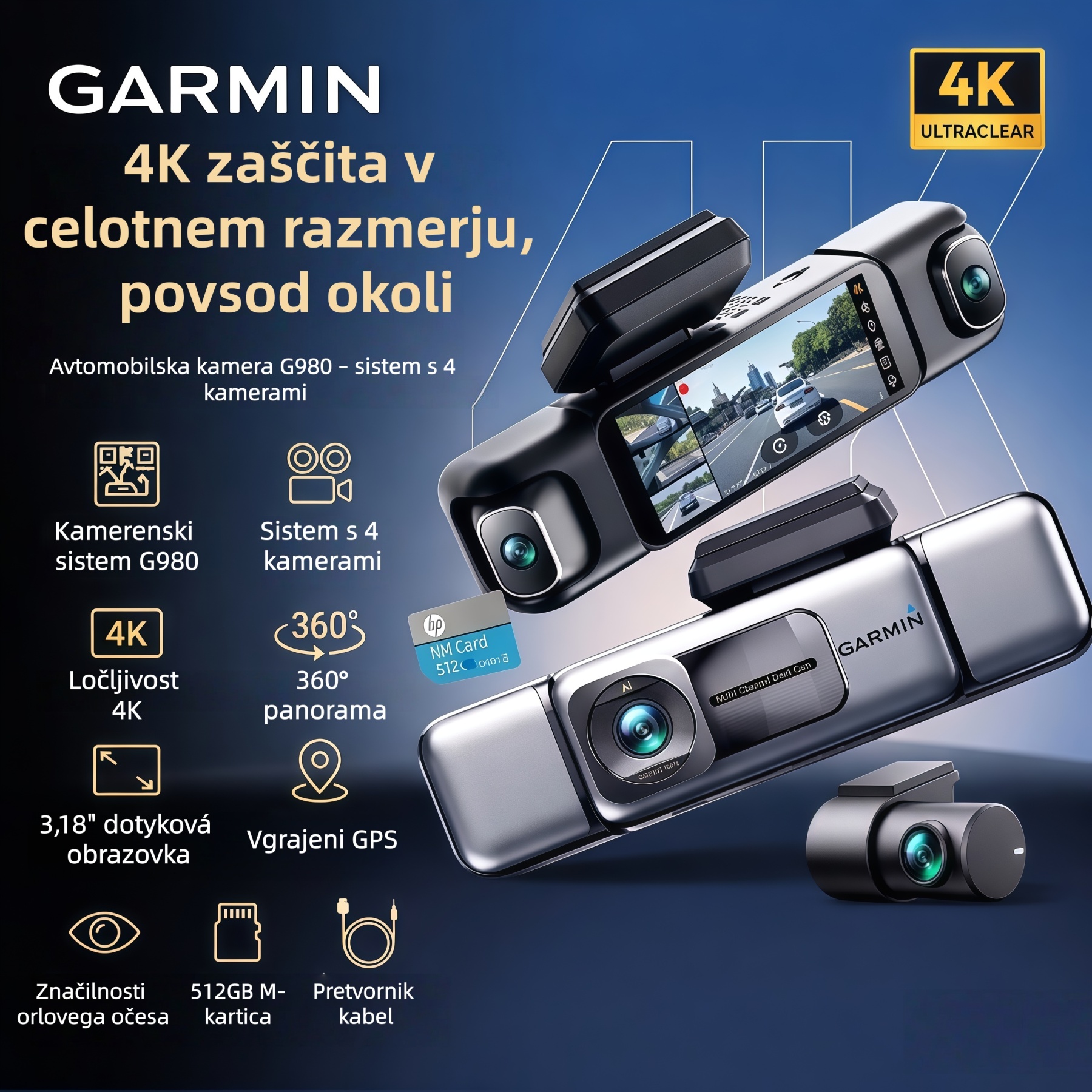Garmin G980 avtomobilska kamera z umetno inteligenco in glasovnim upravljanjem, štirimi kamerami, 360° panoramskim pogledom, 4K Ultra HD nočnim vidom in GPS sledenjem