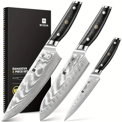 WIZEKA 3 peças conjunto de faca de damasco VG10 aço japonês afiado conjunto de faca de cozinha profissional conjunto de faca de chef cabo ergonómico caixa de presente