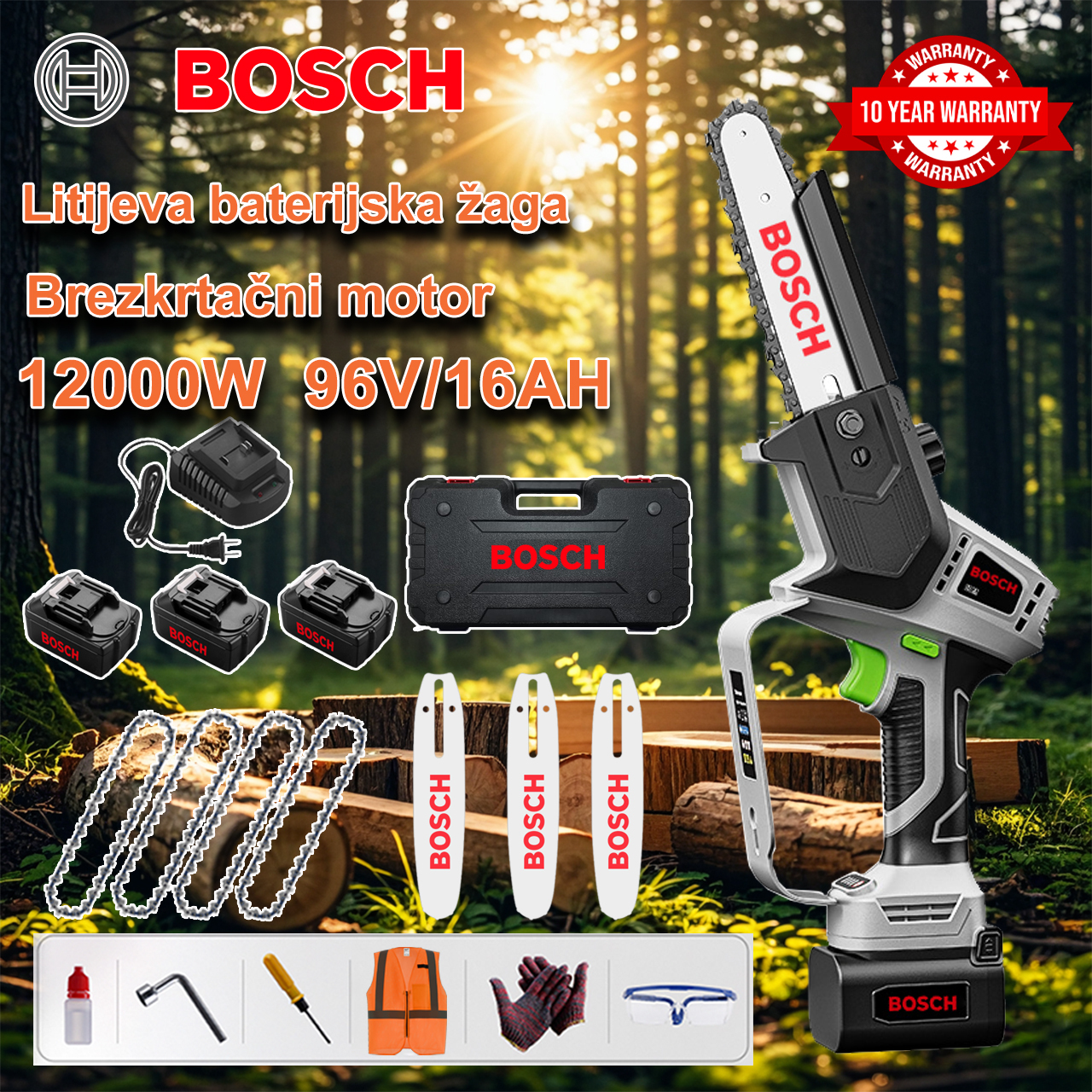 Zmogljiva brezkrtačna verižna žaga Bosch 12000 W 96 V z litijevo baterijo