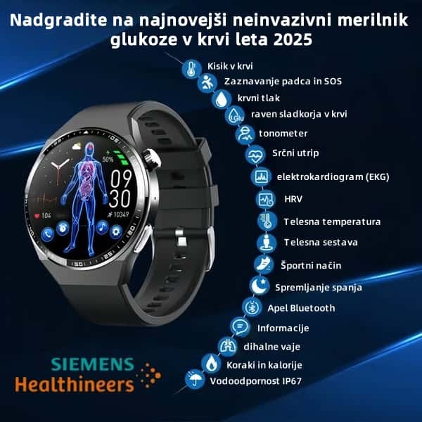 Siemensova neinvazivna laserska terapevtska ura v realnem času spremlja srčni utrip, krvni tlak in raven sladkorja v krvi.