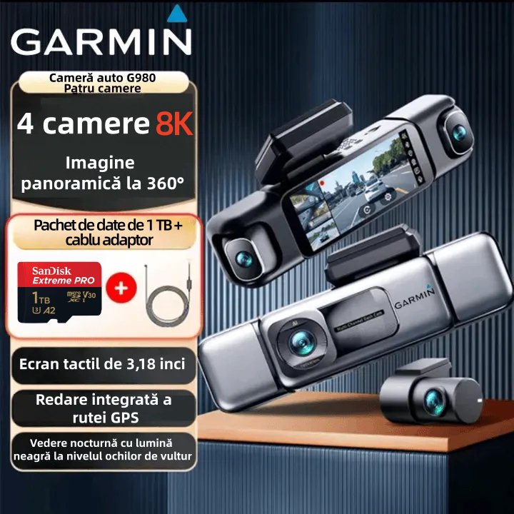 Cameră auto Garmin G980 cu control vocal și inteligență artificială, patru camere, vedere panoramică la 360°, vedere nocturnă 4K Ultra HD și urmărire GPS