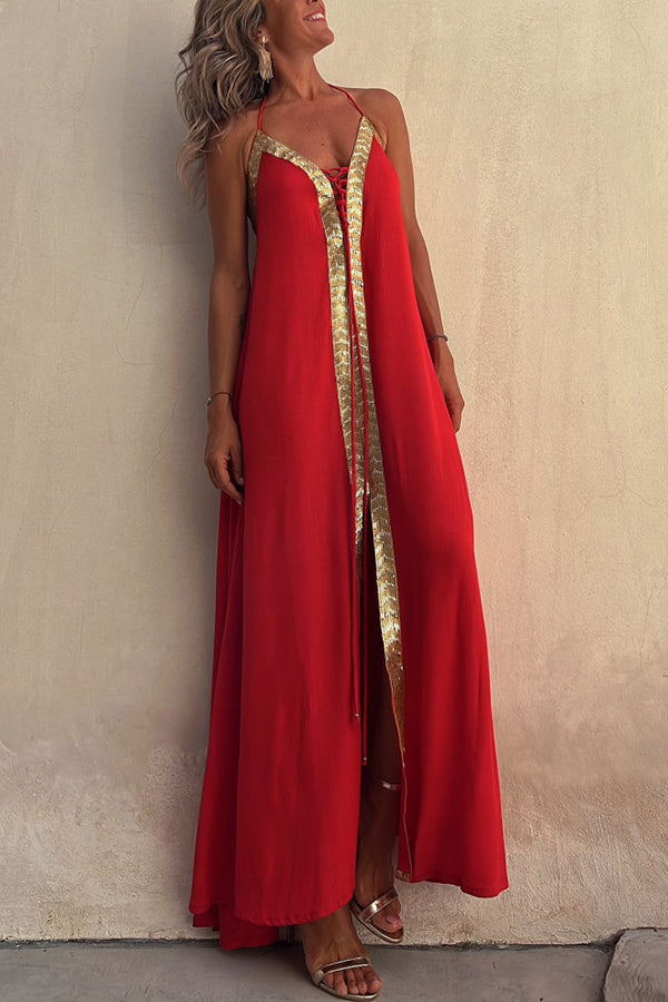 Rochie maxi Del Mar cu șireturi și elastic în spate, cu șireturi și paiete