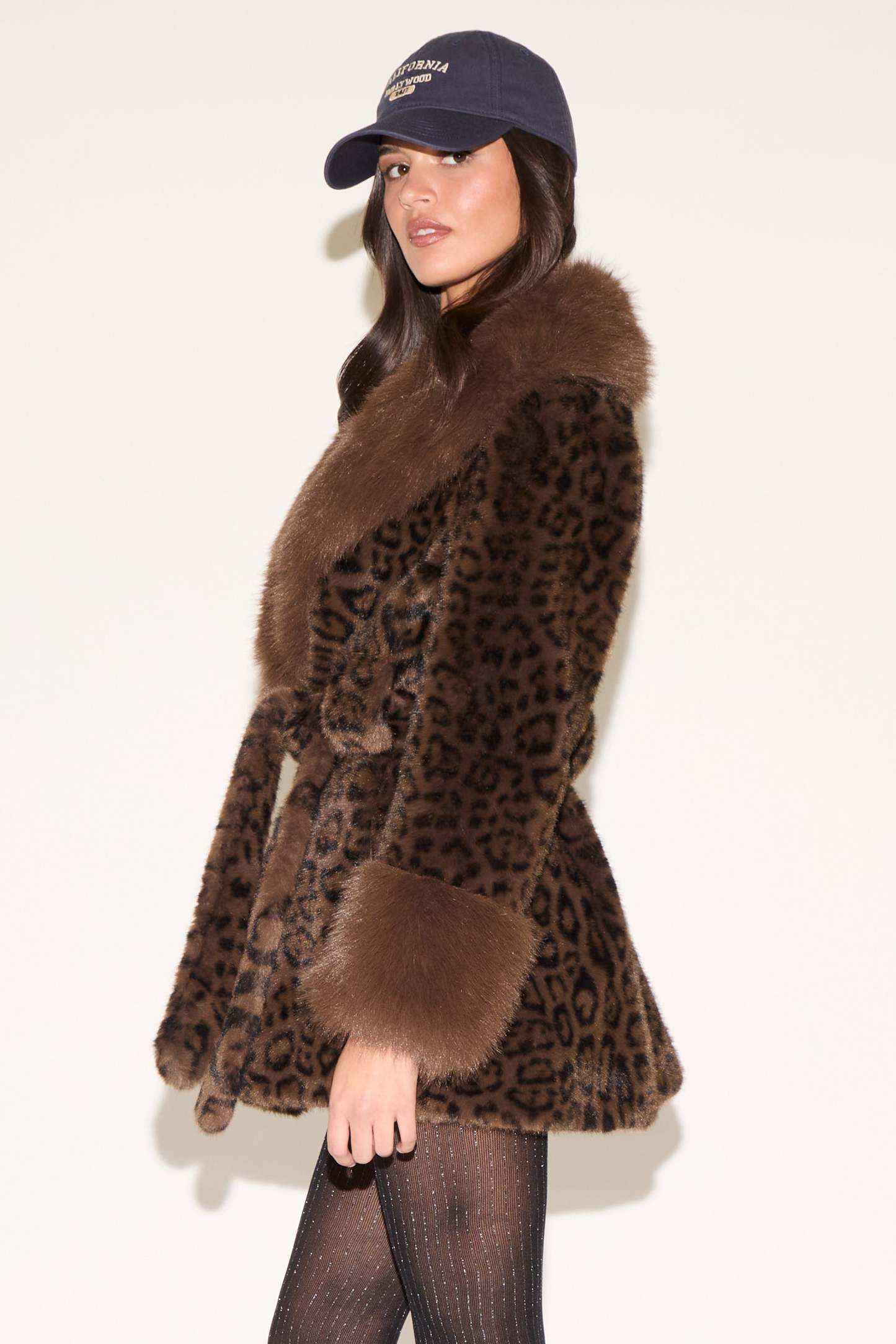 FAUX FUR CUFF & LAPEL FURRY TIE LEOPARD PRINT COAT