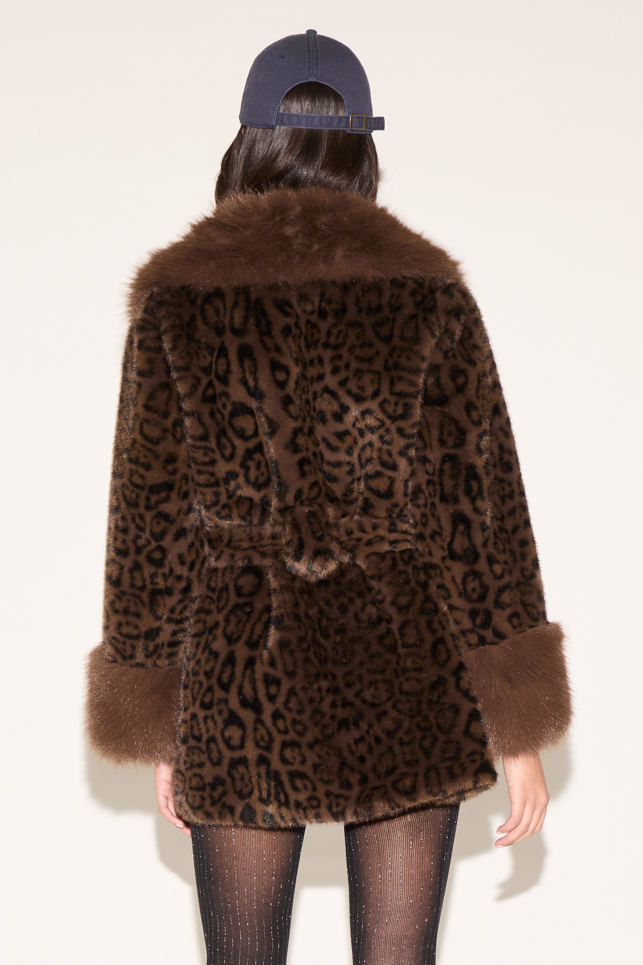 FAUX FUR CUFF & LAPEL FURRY TIE LEOPARD PRINT COAT