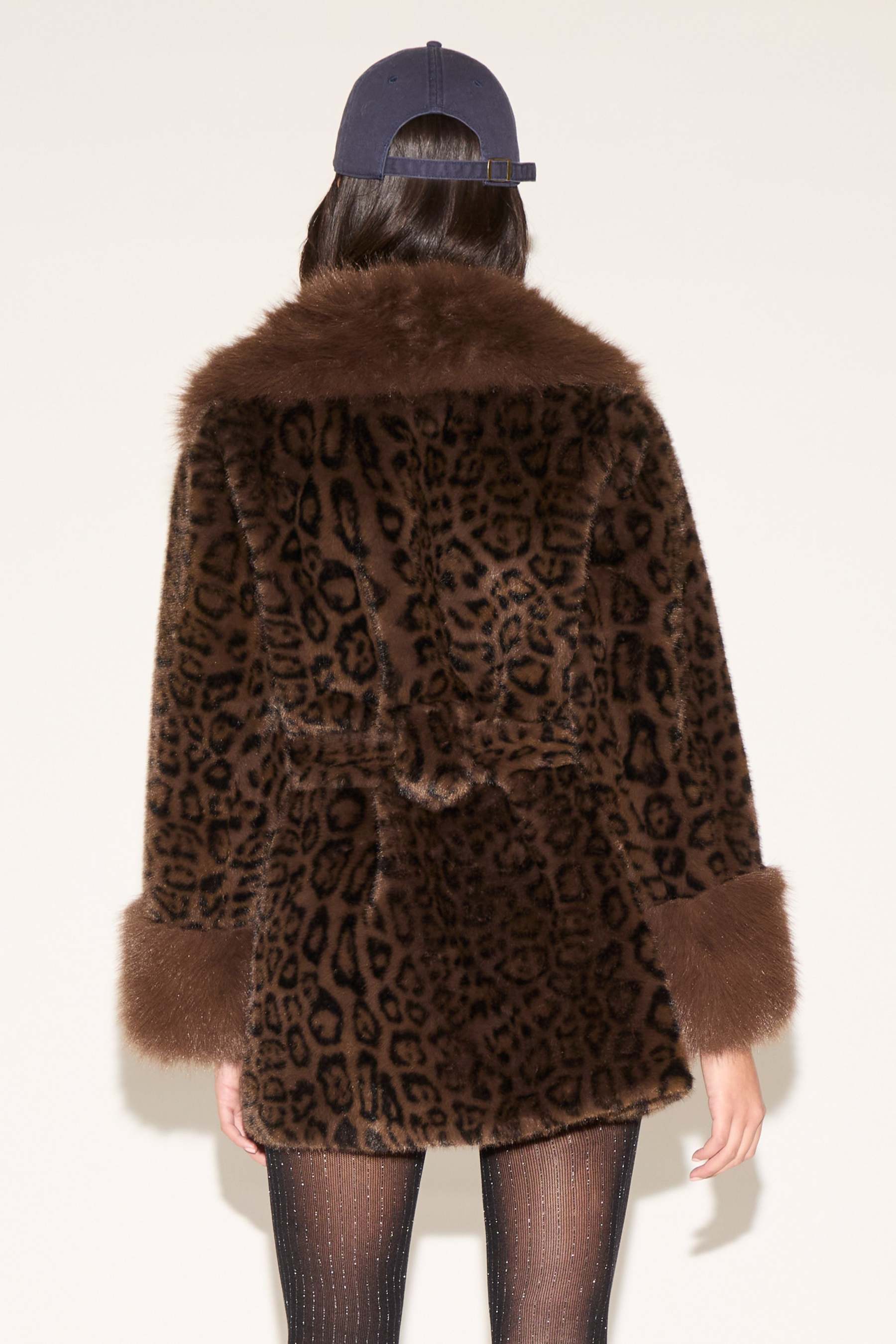 FAUX FUR CUFF & LAPEL FURRY TIE LEOPARD PRINT COAT