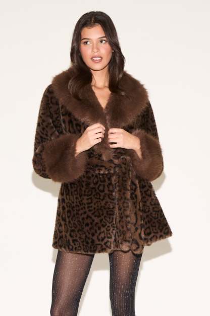 FAUX FUR CUFF & LAPEL FURRY TIE LEOPARD PRINT COAT