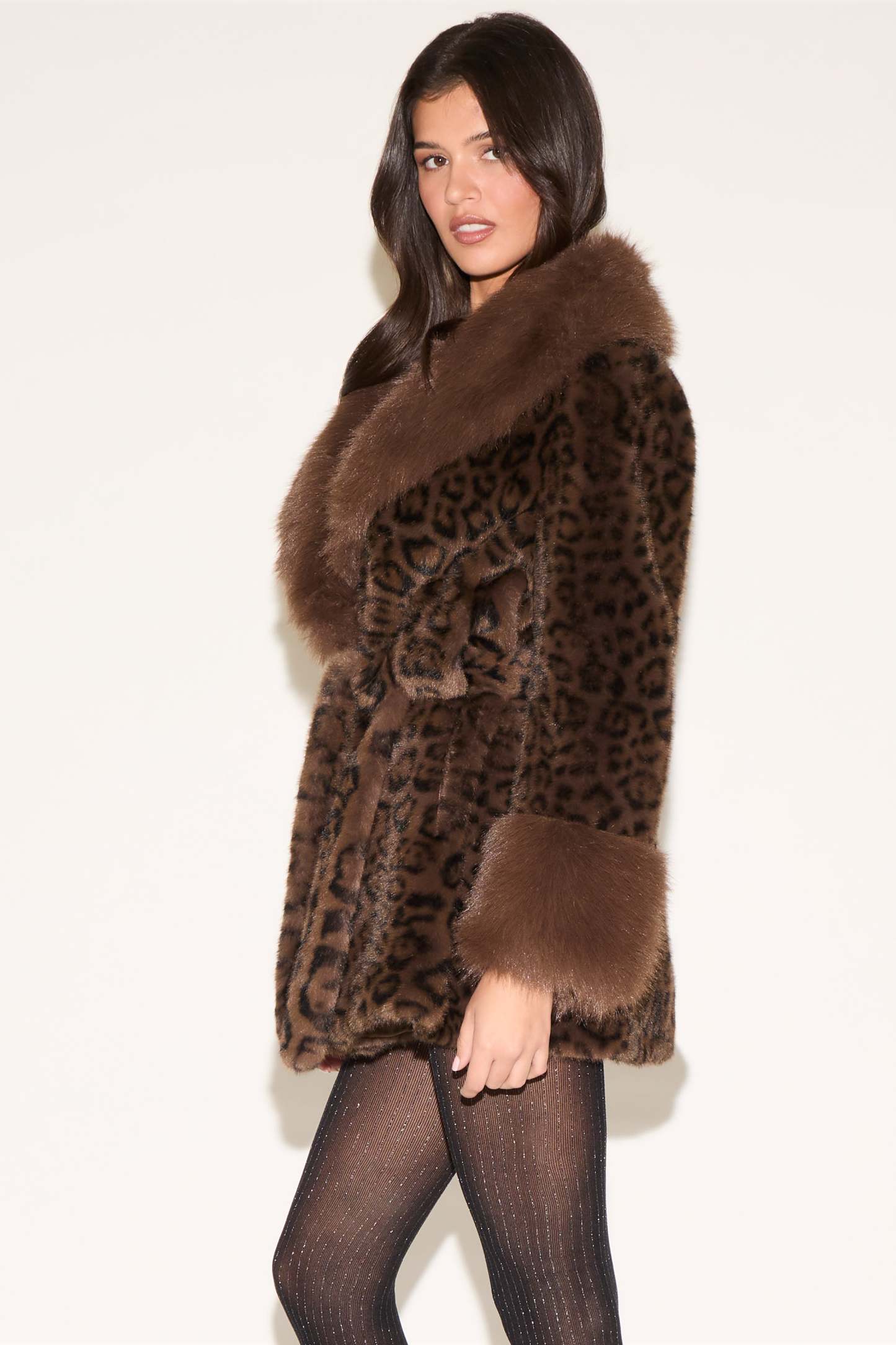 FAUX FUR CUFF & LAPEL FURRY TIE LEOPARD PRINT COAT