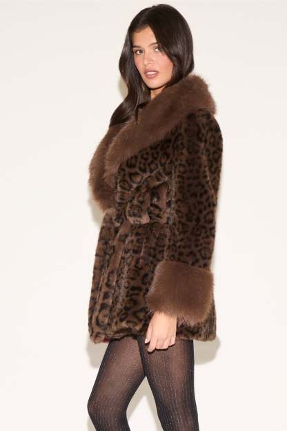 FAUX FUR CUFF & LAPEL FURRY TIE LEOPARD PRINT COAT