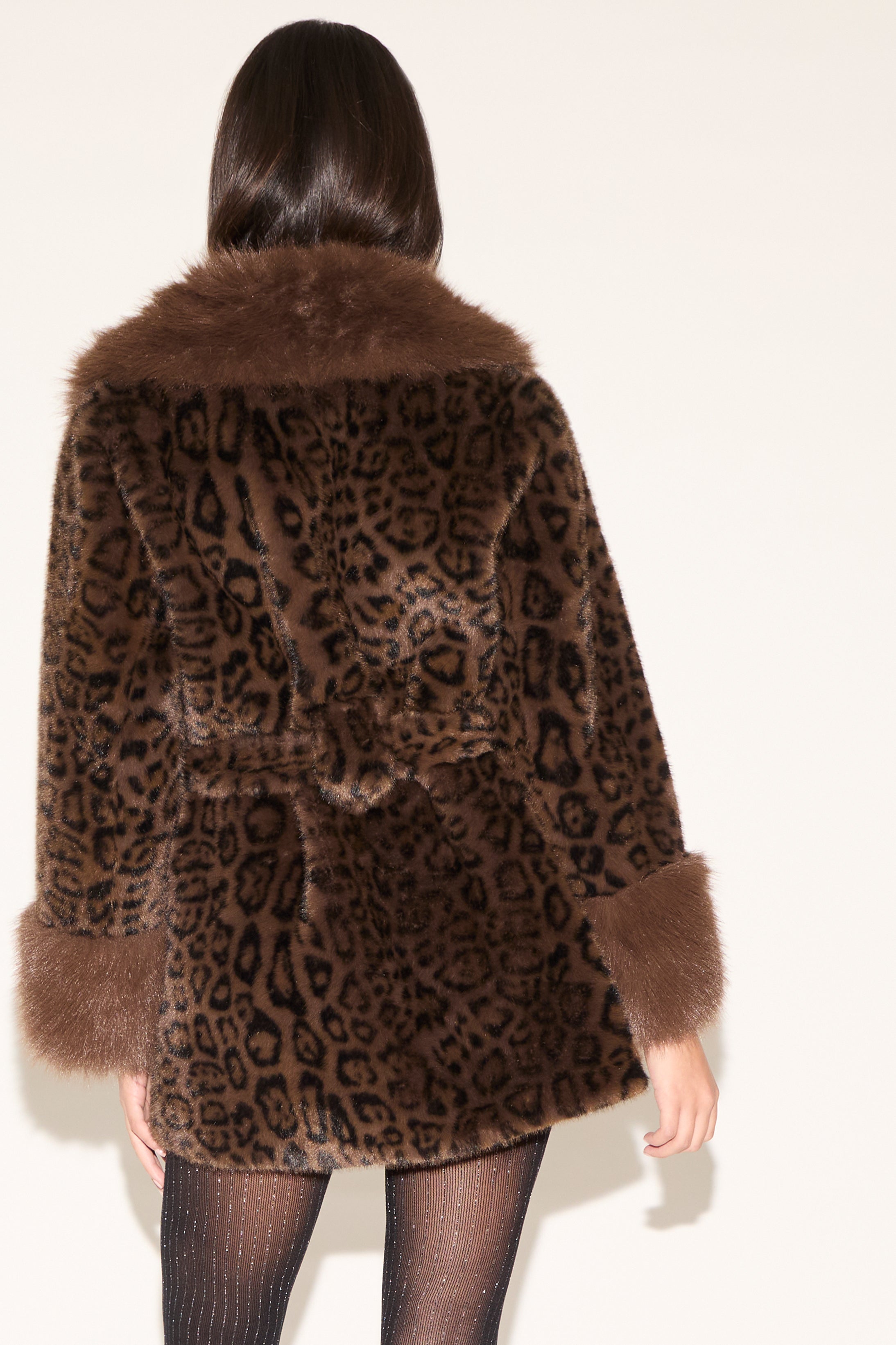 FAUX FUR CUFF & LAPEL FURRY TIE LEOPARD PRINT COAT