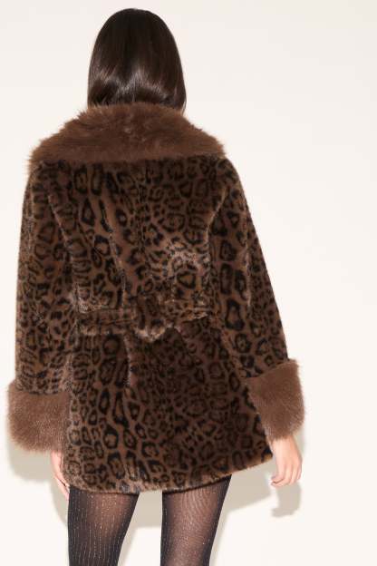 FAUX FUR CUFF & LAPEL FURRY TIE LEOPARD PRINT COAT