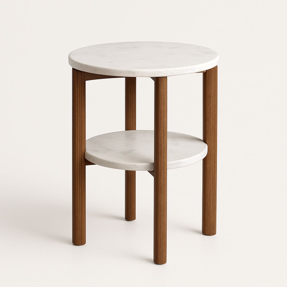 Rundt sidebord i marmor og tre Ø45cm