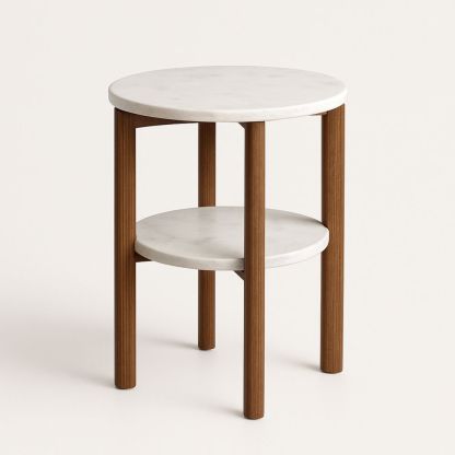 Rundt sidebord i marmor og tre Ø45cm