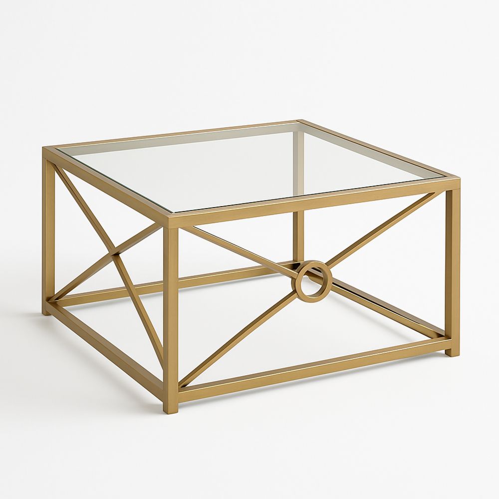 Glassbord med metallrammer i gyllen farge