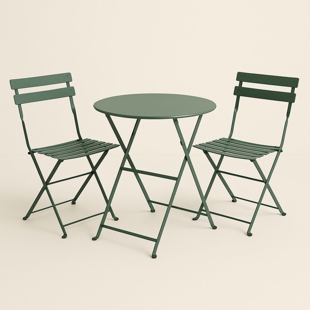 Grønn utendørs metall cafèsett, bord Ø60 cm med 2 stoler