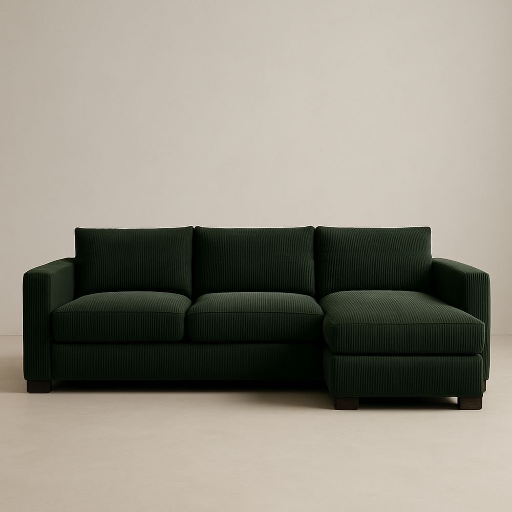 Mørkegrønn hjørnesofa i finkordfløyel med treben