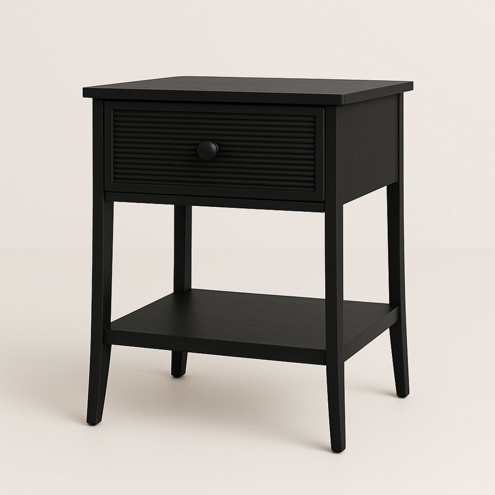 Nattbord i Massivt Tre med Skuff og Hylle Svart 56x40x35 cm