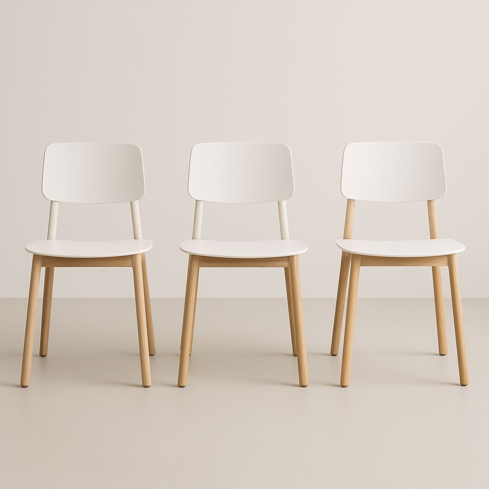 Spisestuestol sett 3 stk med tre ben og hvit MDF sete 45x50x80 cm