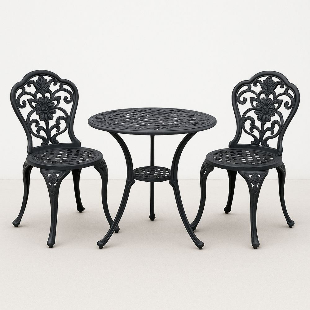 Utesett i aluminium med rundt bord og to stoler - sort