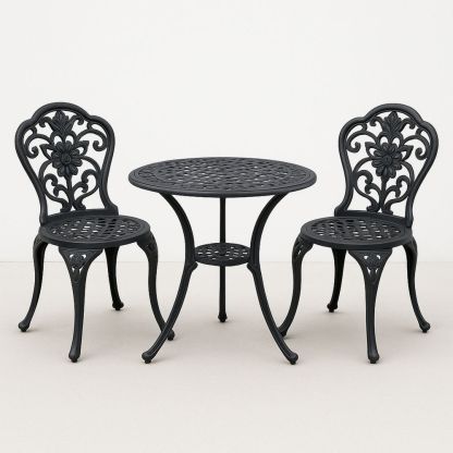 Utesett i aluminium med rundt bord og to stoler - sort