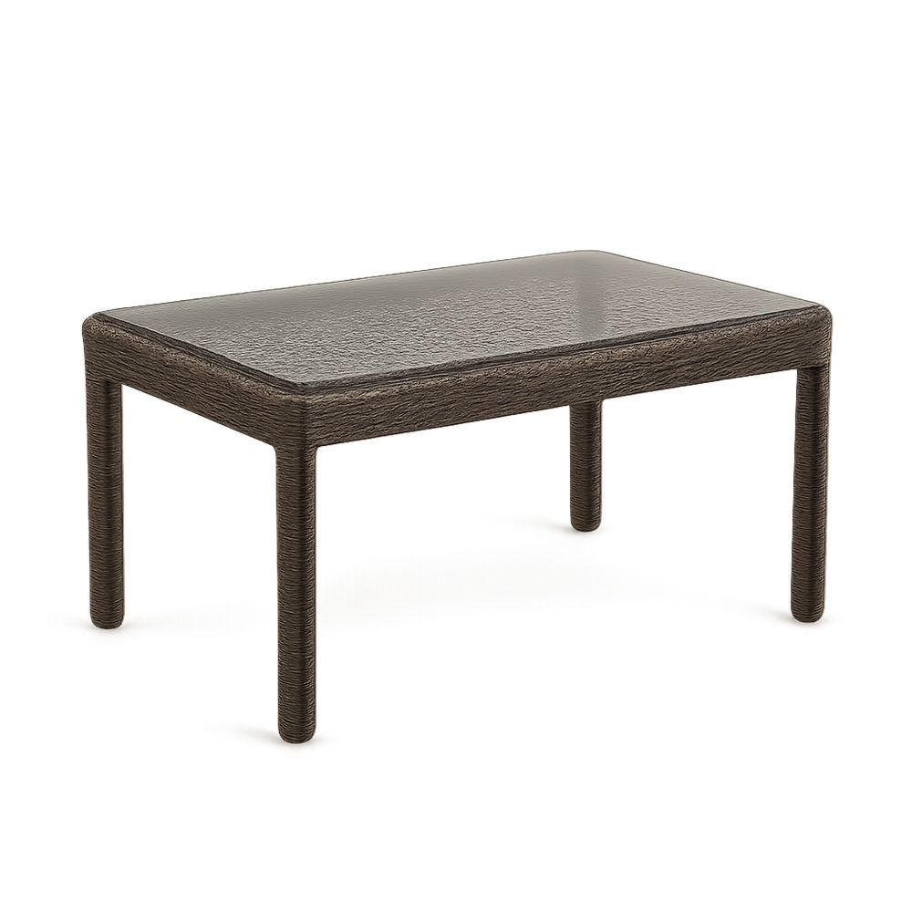 Rektangulært bord med herdet glassplate og brun plast