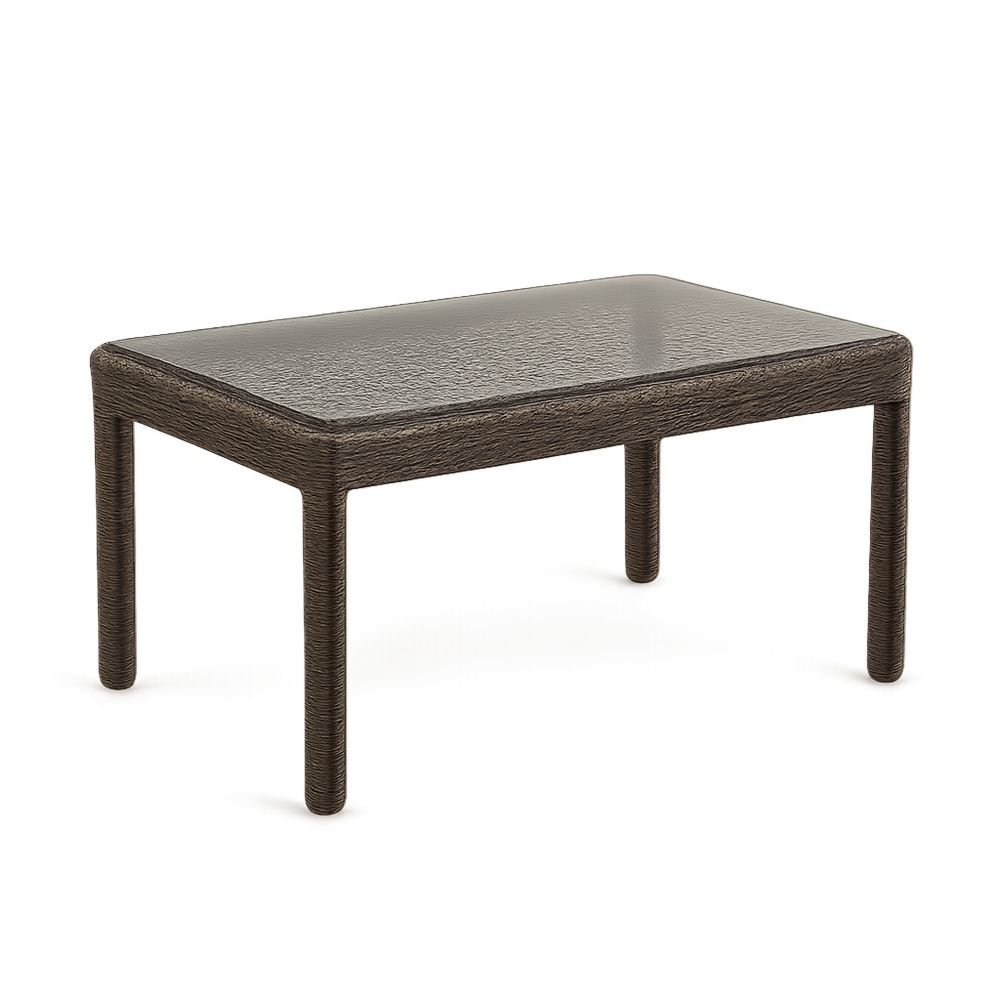 Rektangulært bord med herdet glassplate og brun plast