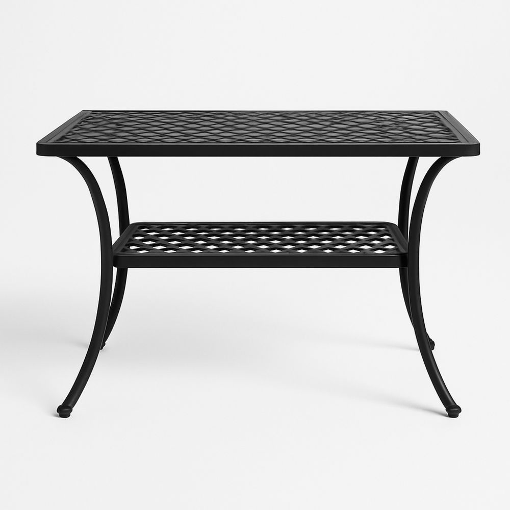 Svart metallhagebord med kryssmønster