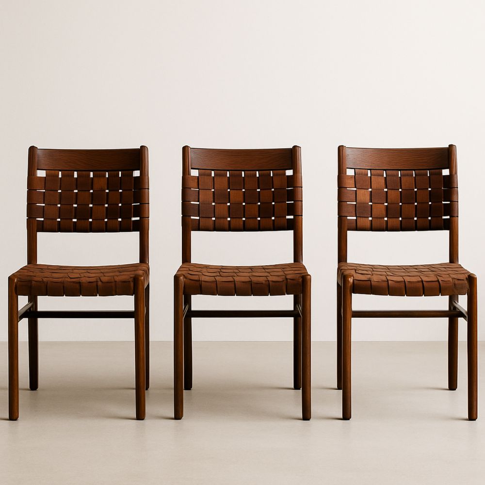 Sett med 3 stoler i heltre og PU-lær brun
