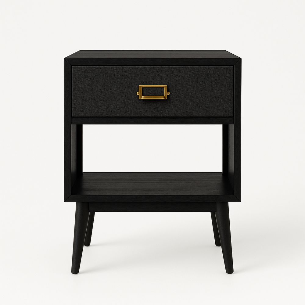 Nattbord i svart tre med metallhåndtak