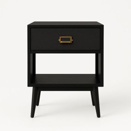 Nattbord i svart tre med metallhåndtak