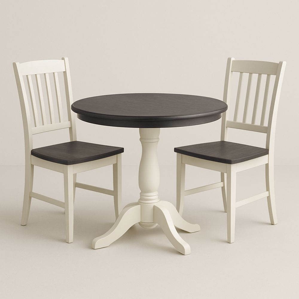 Rundt spisebordsett med 2 stoler i tre, hvit/svart