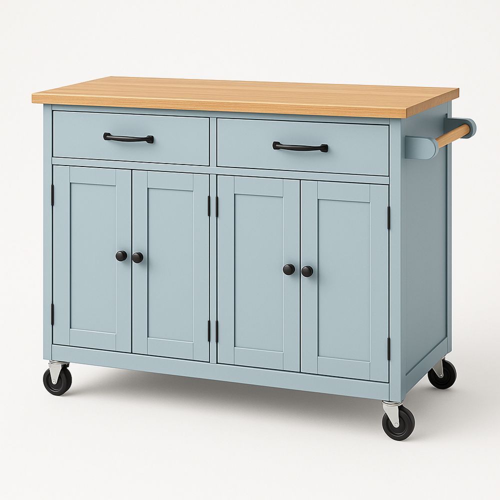 Kjøkkenvogn med skuffer og skap i MDF med bjørketre topp og hjul