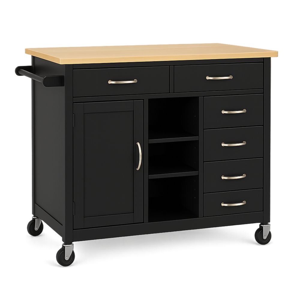 Svarte Kjøkkenøy med Hjul og Tre Topplate