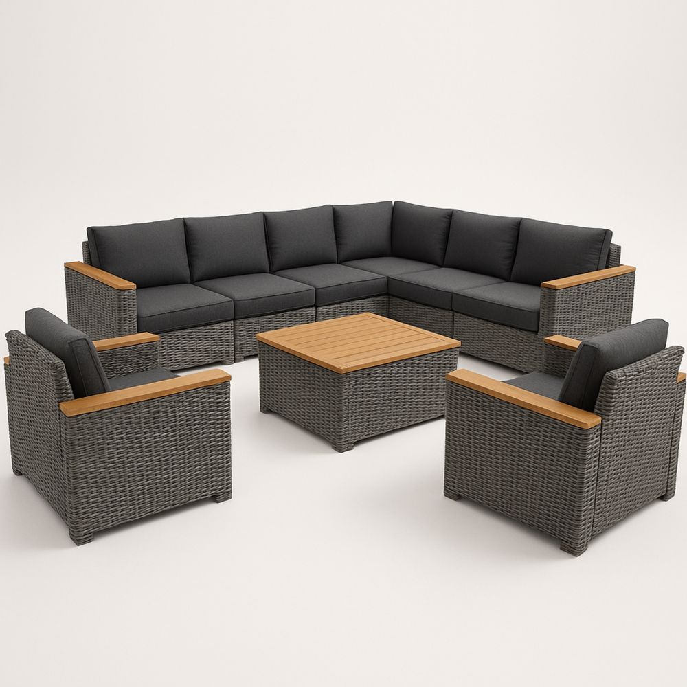 Utesofa Sett i Polyrotting med Teak Detaljer og Grå Polyester Tekstil