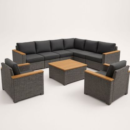 Utesofa Sett i Polyrotting med Teak Detaljer og Grå Polyester Tekstil