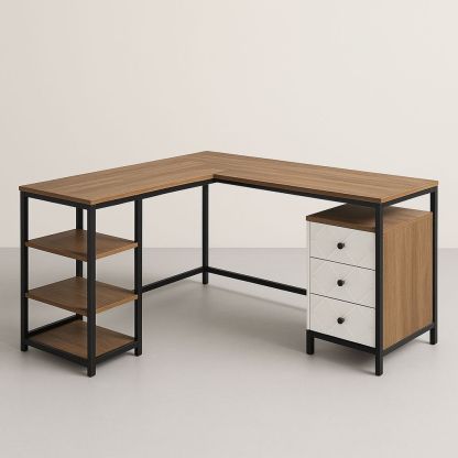 L-form skrivebord med hyller og skuffer i metall og tre brun/svart/hvit