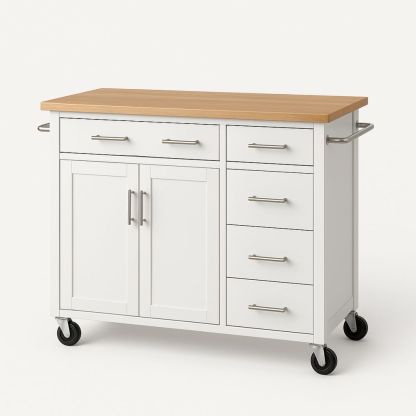 Kjøkkenvogn med skuffer og skap i hvit MDF og massivt tre 120 cm