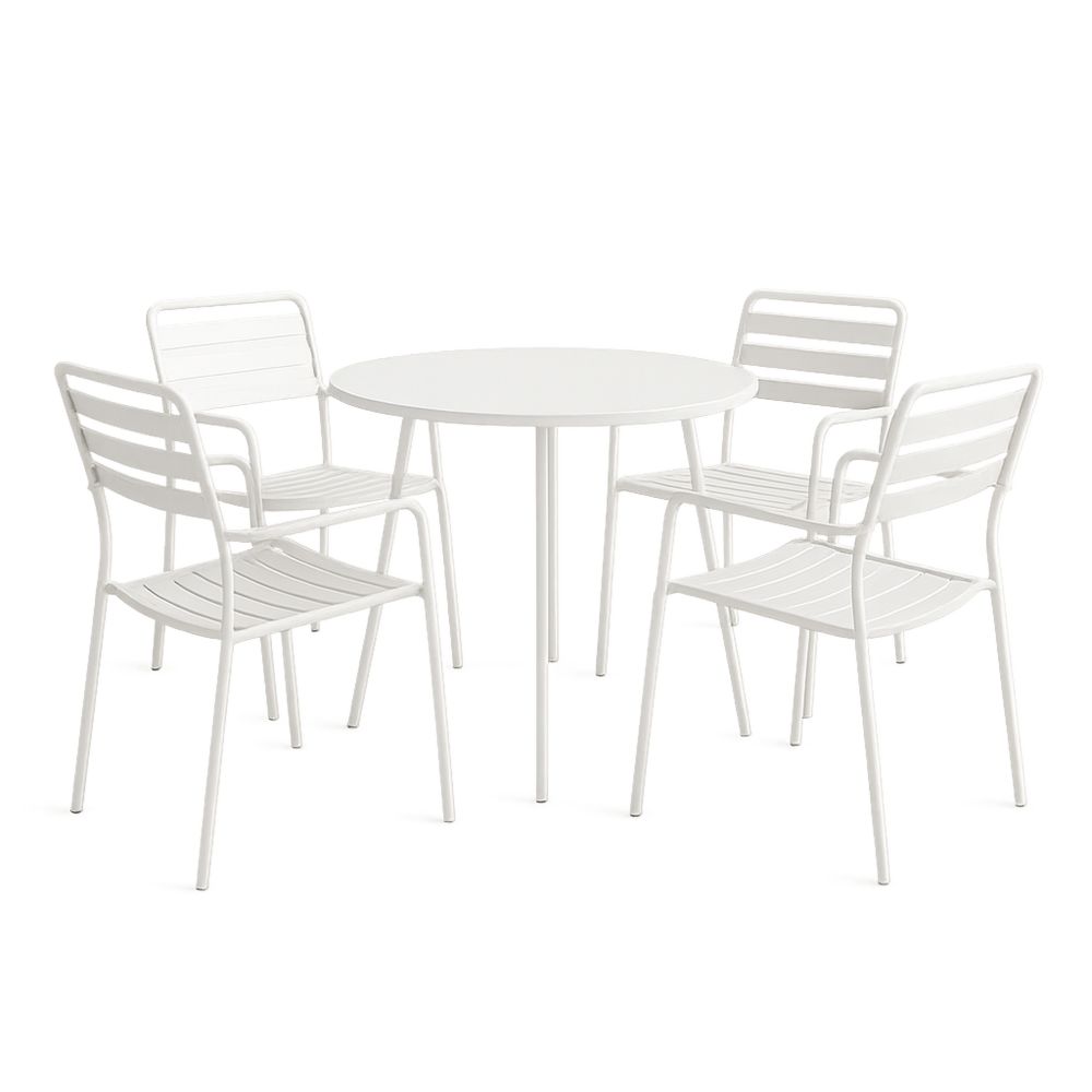 Hagesett rundt bord fire stoler stål hvit