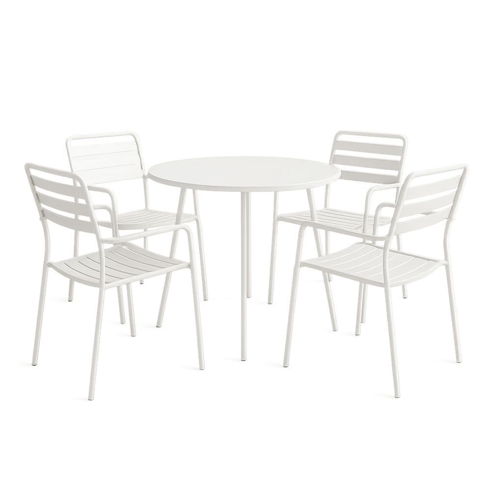 Hagesett rundt bord fire stoler stål hvit
