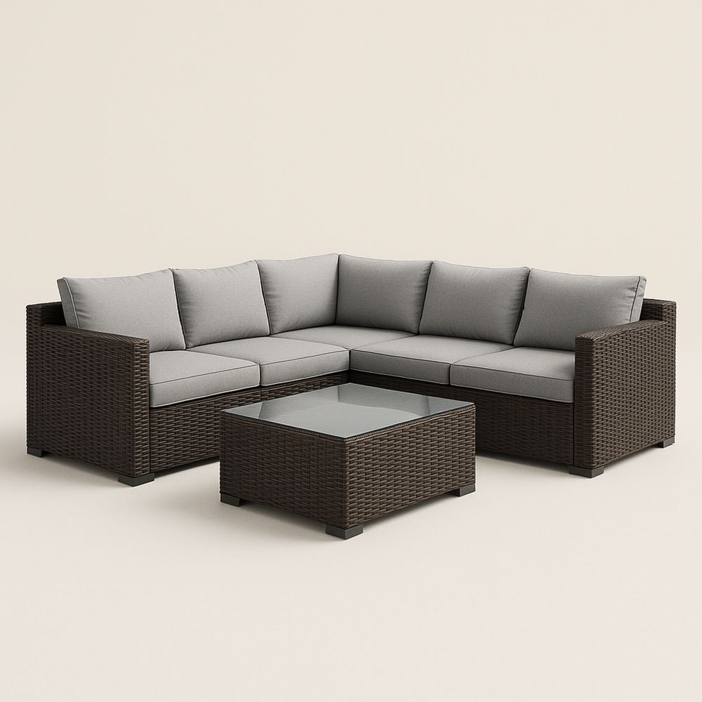 Hjørnesofa sett med bord i aluminium og polyrotting grå/brun