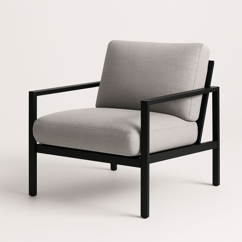 Lenestol med stålramme og lys grå tekstilputer