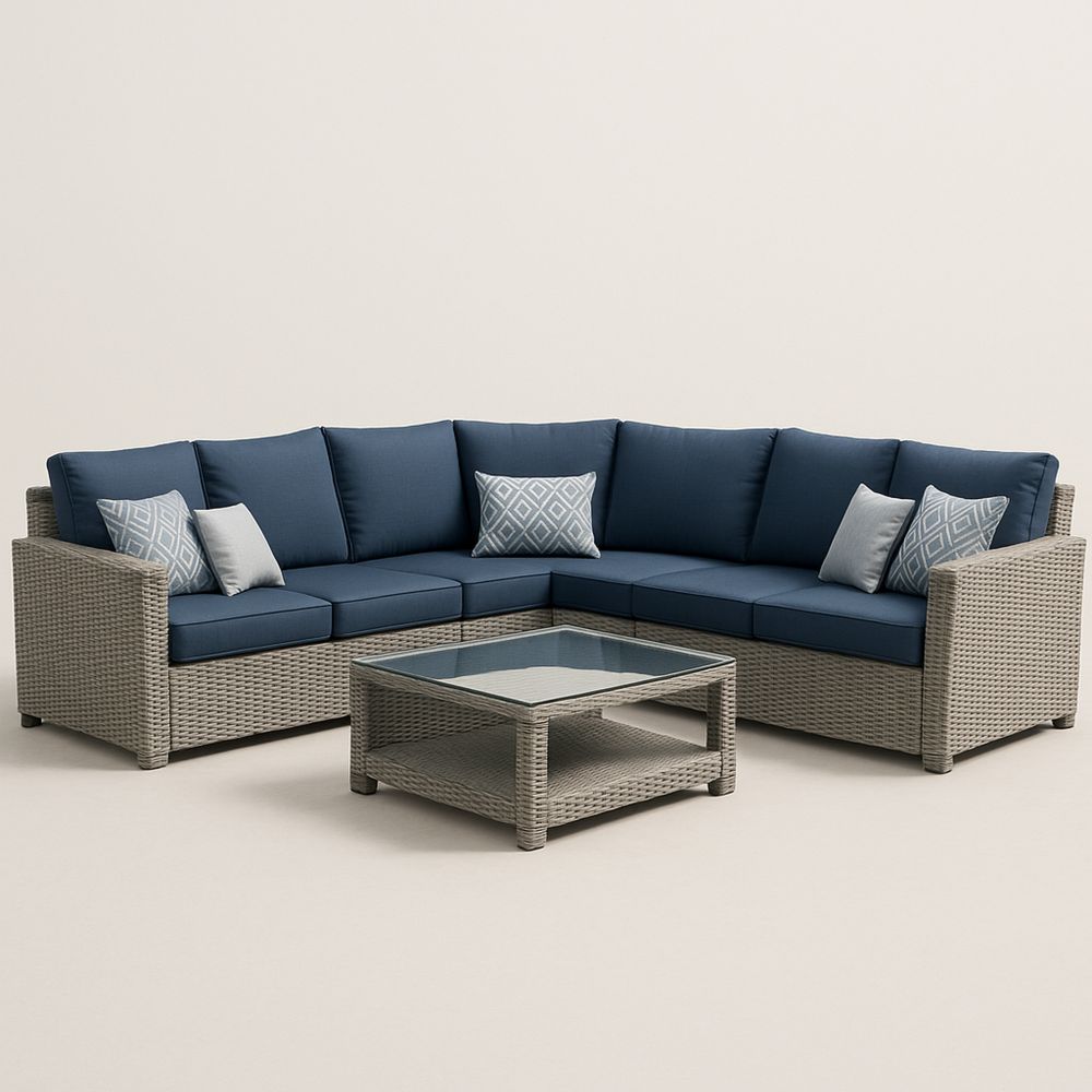 Hjørnesofa sett med bord i kunstrotting med blåt polyesterputer