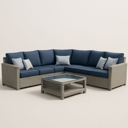 Hjørnesofa sett med bord i kunstrotting med blåt polyesterputer