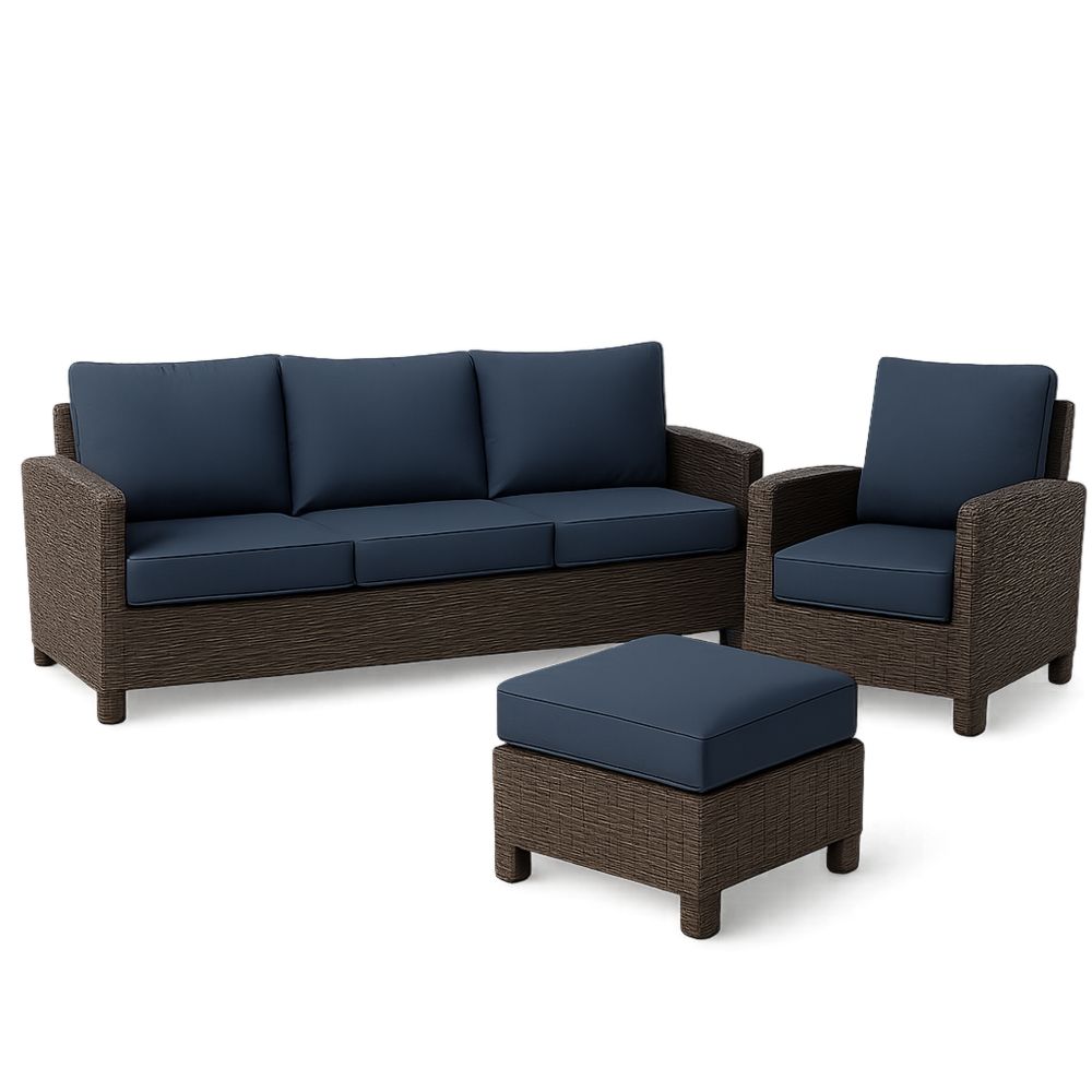 Utendørs sofasett i rotting med blå puter