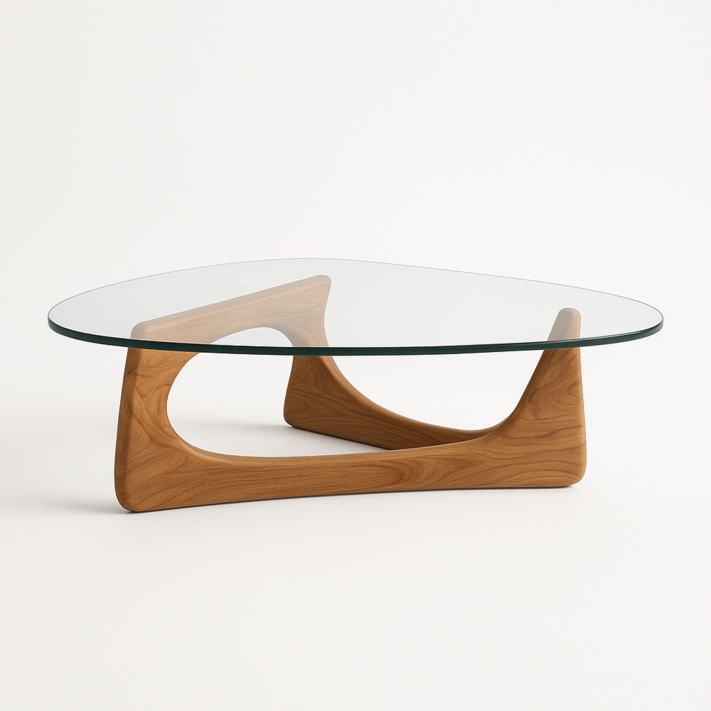 Trekantet salongbord i glass og tre