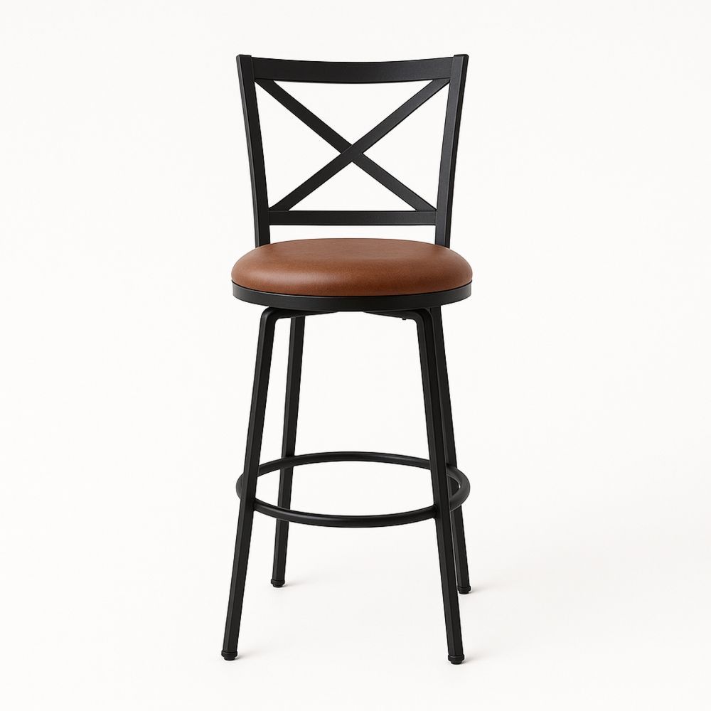 Barstol med kryssrygg i metall med brun PU-pute