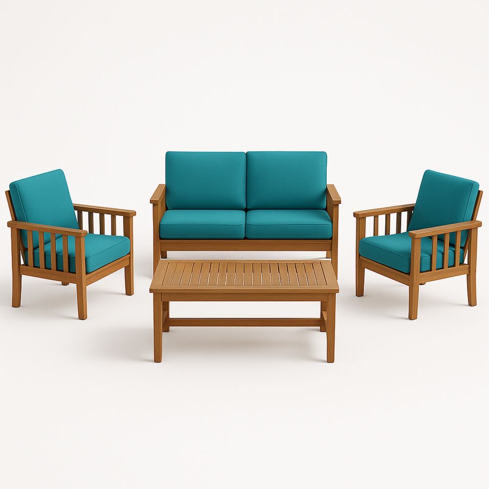 Utendørs sett i tre med turquoise puter