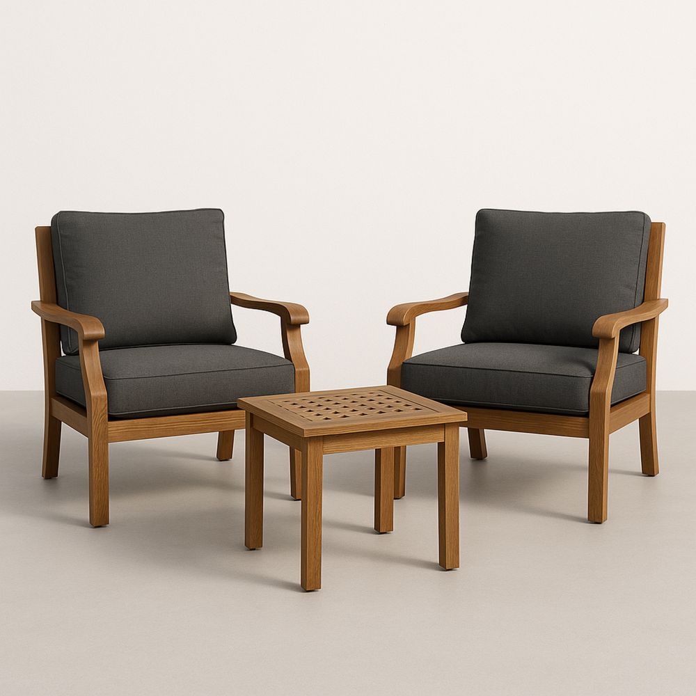Utendørs sett med to stoler og bord i eik og grå polyester