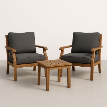 Utendørs sett med to stoler og bord i eik og grå polyester