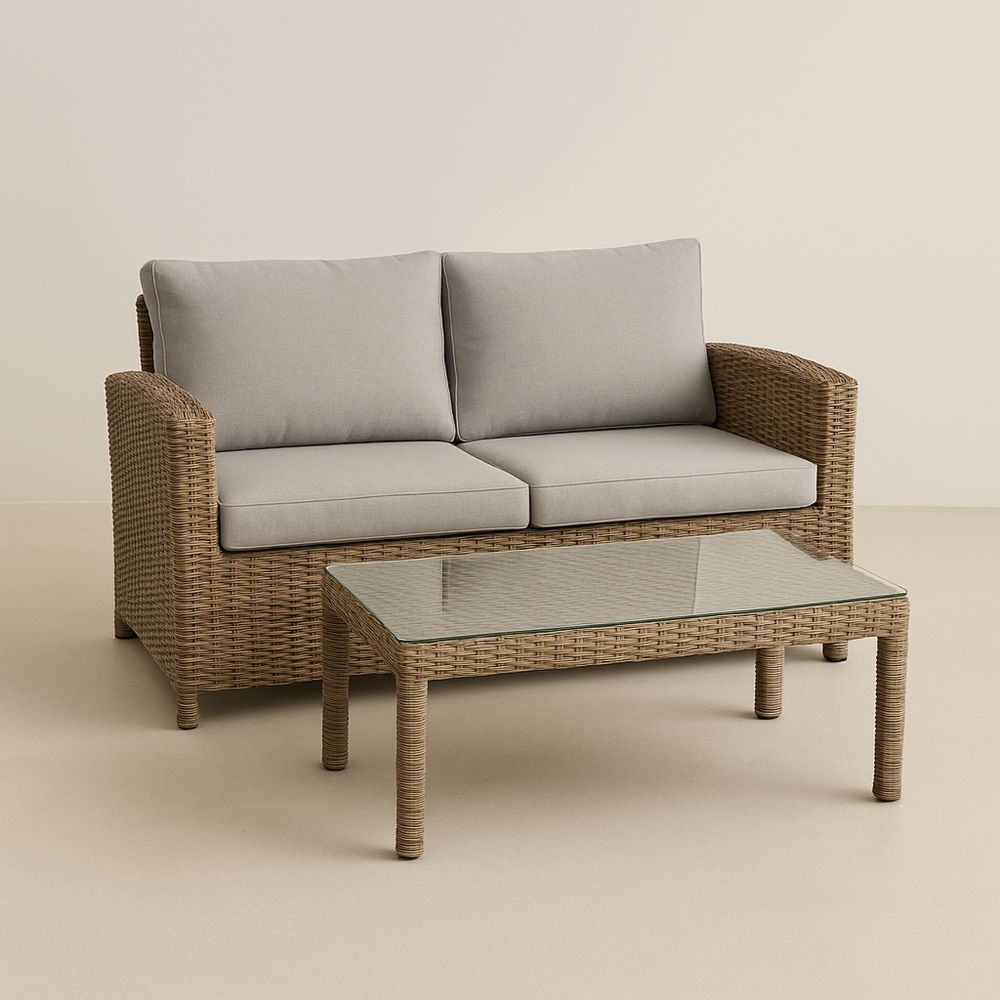 Hagemøbelsett toseters sofa og bord rotting lysegrå